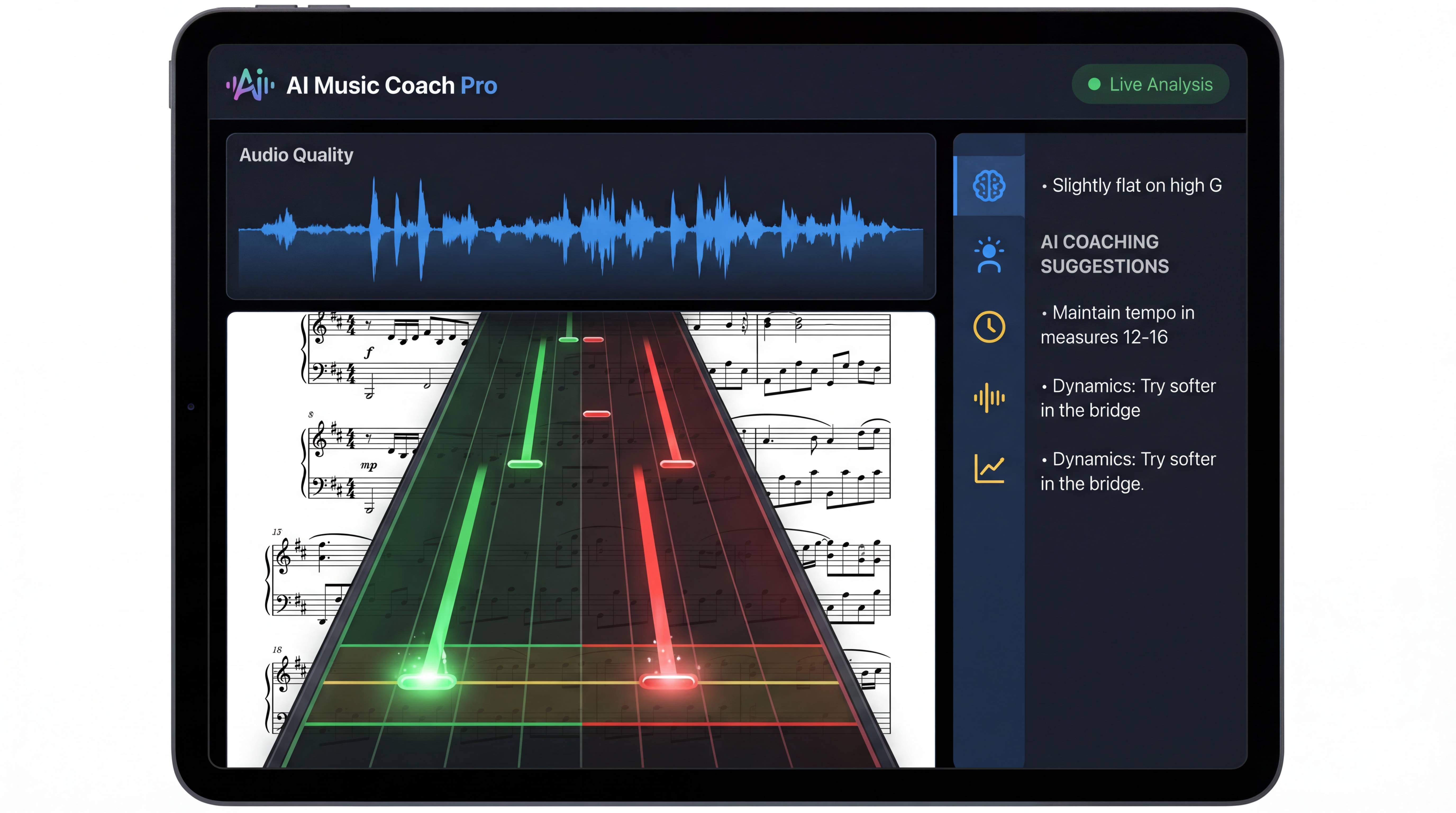 OnDiamo AI practice partner with polyphonic pitch detection visualizer and dynamic backing tracks