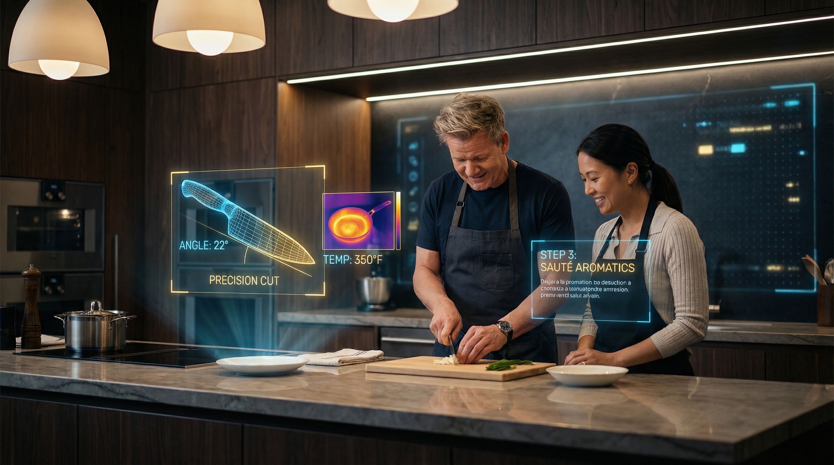 Chef teaching a culinary class with AI-powered overlays analyzing technique and timing