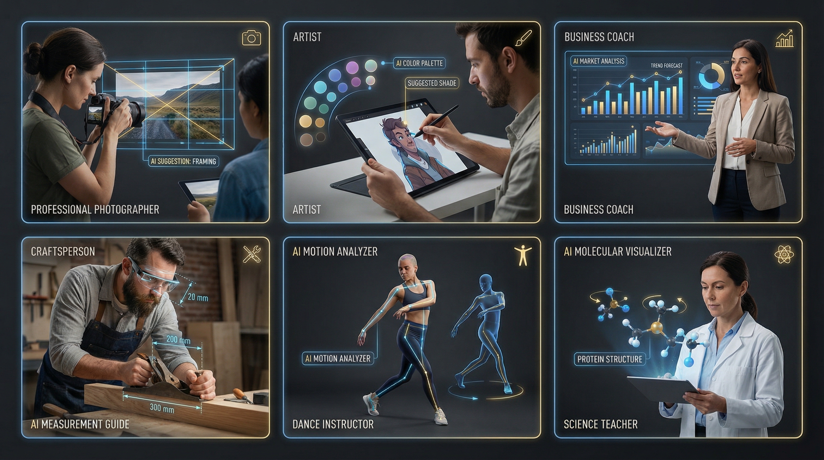 Grid of six diverse instructors: photographer, artist, business coach, crafts teacher, dance instructor, and science educator